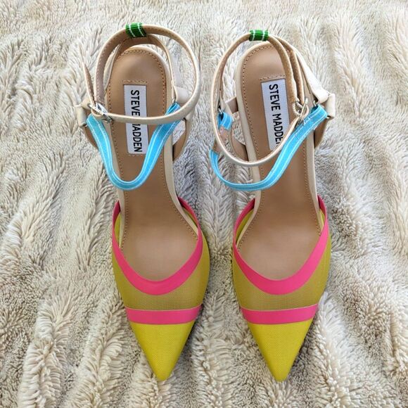 NWOT Steve Madden AFORD Yellow Multicolor Mesh Toe Stiletto Ankle Strap Heel, 7 - Picture 8 of 15